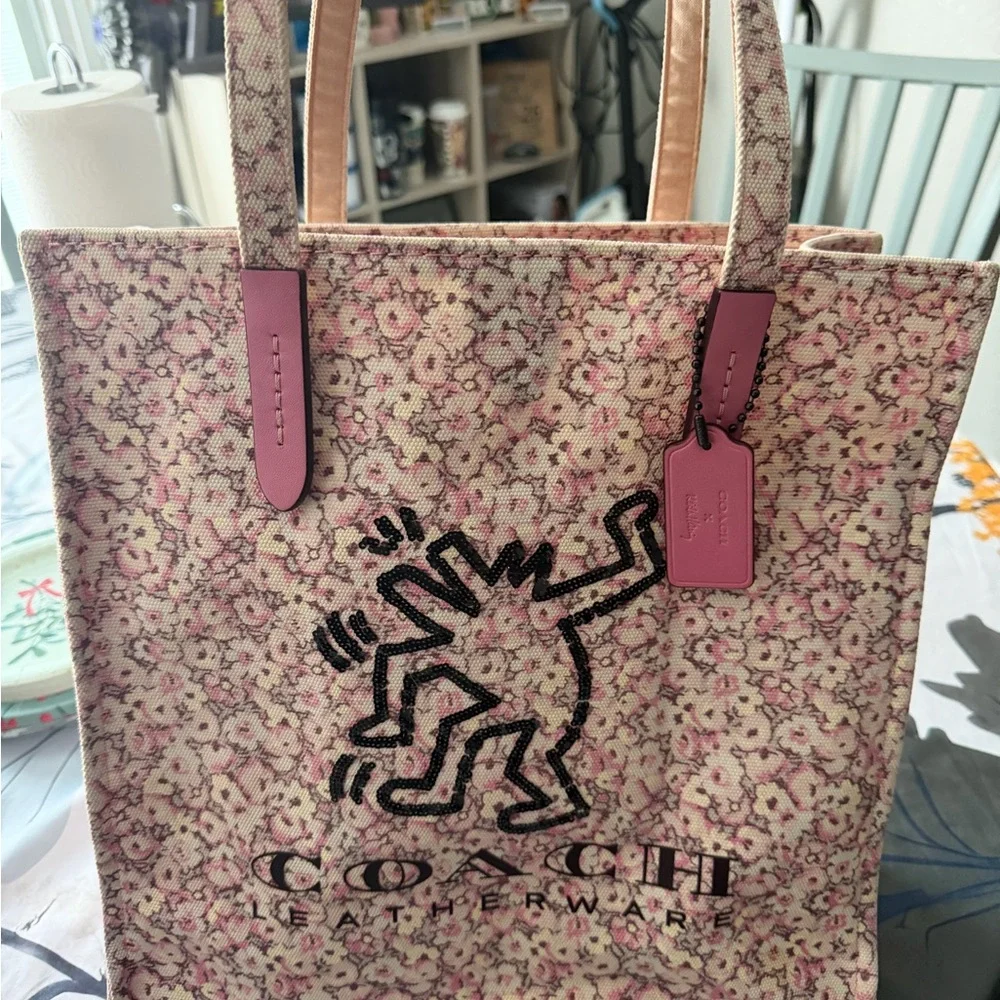 Coach Beige and Pink Floral Tote Keith Haring - Picture 1 of 6